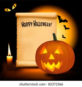 Halloween background with old paper, and scary pumpkin. Vector.