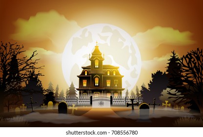 Halloween background. Old scary house. Halloween landscape with castle and cemetery on blue moon background, illustration. Vector illustration