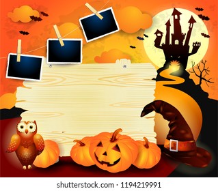 Halloween background with old sign, pumpkins, hat and photo frames. Vector illustration eps10