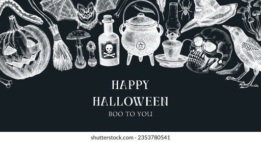 Halloween background on chalkboard. Hand drawn vector illustration. Skulls, bones, pumpkin, poison, snakes, mushroom sketches. Autumn holiday banner. Vintage Halloween design elements