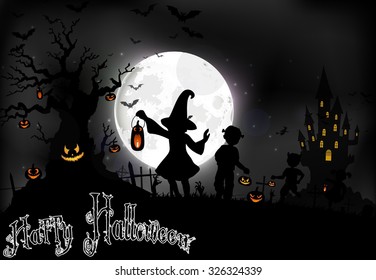 Halloween background on the full moon with a little girls on the full moon. Vector