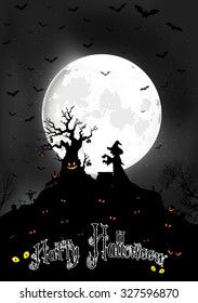 Halloween background on the full moon with scary tree and Witch. vector