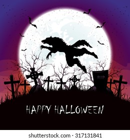 Halloween background on graveyard, werewolf jumps, illustration.