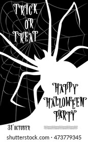 Halloween background on holiday party trick or treat with monster spider on web. Letters in retro cartoon style. Vector illustration