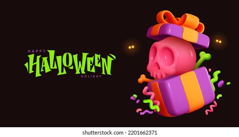 Fondo de Halloween. Casilla de regalo abierta llena de elementos decorativos de calavera y huesos. Cajas de regalo de dibujos animados realistas en 3d. Banner de vacaciones, afiche web, folleto elegante, tarjeta de saludo. Ilustración del vector