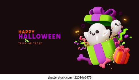 Fondo de Halloween. Caja de regalo abierta llena de elementos decorativos buenos fantasmas blancos. Cajas de regalo de dibujos animados realistas en 3d. Banner de vacaciones, afiche web, folleto elegante, tarjeta de saludo. ilustración vectorial