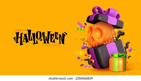 Fondo de Halloween. Casilla de regalo abierta llena de elementos decorativos de calavera y huesos. Cajas de regalo de dibujos animados realistas en 3d. Banner de vacaciones, afiche web, folleto elegante, tarjeta de saludo. Ilustración del vector