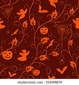 halloween background - orange climber plant, spiders, pumpkins, flying bats and ghosts on dark orange background, vector illustration