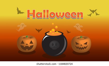 Halloween background Orange with pumpkin bat text.