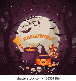 Halloween Background with Orange Pumpkin and Cauldron. Vector Flat Illustration. Full Moon Night in Spooky Forest.