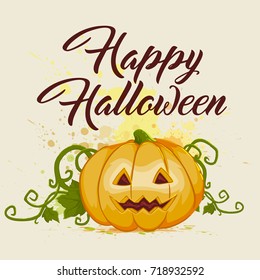Halloween background with orange pumpkin and greeting inscription