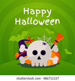 Halloween Background with Orange Pumpkin and Spider Web, Witch Hat and Cauldron, Skull and Crossbones. Vector Flat Illustration. Halloween Night Party. Trick or Treat.