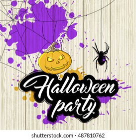 Halloween background with orange pumpkin and spider. Invitation for Halloween party.