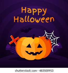 Halloween Background with Orange Pumpkin, Web and Dat. Vector Flat Illustration. Halloween Night Party. Trick or Treat.