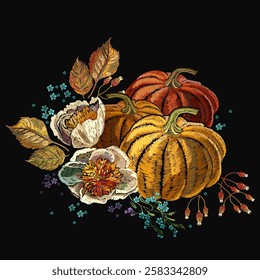 Halloween background. Orange pumpkin and yellow flowers. Embroidery autumn gothic art. Template for clothes, t-shirt design