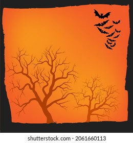 Halloween background. Orange spooky holiday backdrop with flying bats. Vector illustration with copy space. Best for seasonal poster or party invitation.
