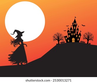 Fundo de Halloween, em tons laranja, com silhueta de bruxa, e mansão de halloween com lua cheia, e morcegos