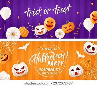 Halloween background with orange and white pumpkins, garlands and paper cut objects. Greeting card for party and sale. Autumn holidays. Vector illustration EPS10.