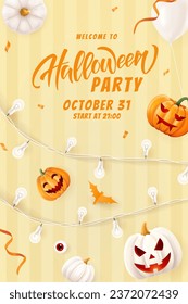 Halloween background with orange and white pumpkins, garlands and paper cut objects. Greeting card for party and sale. Autumn holidays. Vector illustration EPS10.