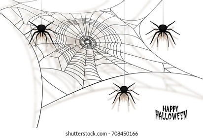 Halloween background with origami spiders and spider web. Vector Illustration