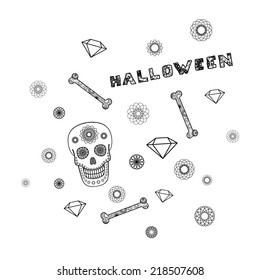 Halloween background with ornamental skull and bones. Vector illustration