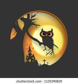 Halloween background with owl bird and super moon background in paper art style vector and illustration