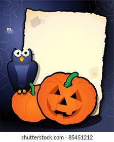 Halloween background with owl and pumpkins, vector