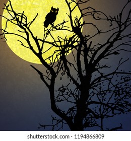 halloween background with a owl sitting in a dead tree in front of an yellow full moon
