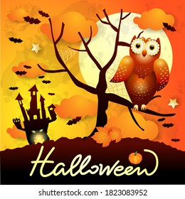 Halloween background with owl, tree and castle. Vector illustration eps10
