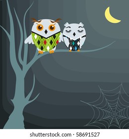 Halloween background with owls on the dead tree