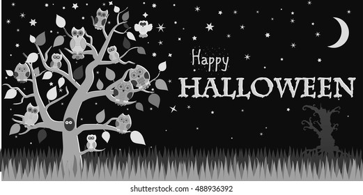 Halloween background with owls on tree, night sky, moon and the words Happy Halloween