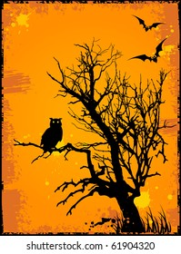 Halloween background  with owl,tree and grunge background