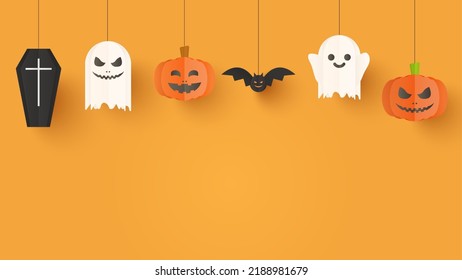 Halloween-Hintergrund. Kürbisse im Stile von Papierschnitten, Geist und Fledermaus für halloween Banner auf orangefarbenem Hintergrund