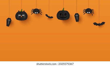 Halloween background. Paper cut style pumpkins,coffin, spider, cat and bat for halloween banner on orange background