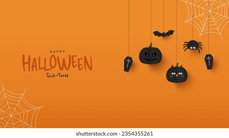 Halloween background. Paper cut style pumpkins, coffin, spider, cat and bat for halloween banner on orange background