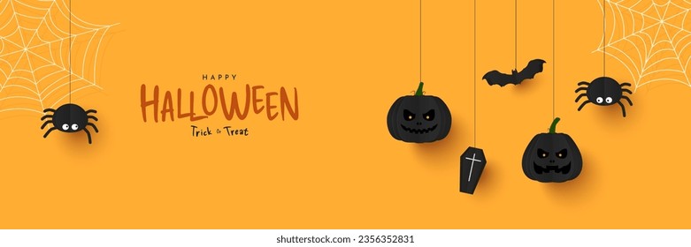 Halloween background. Paper cut style pumpkins, coffin, spider, cat and bat for halloween banner on orange background