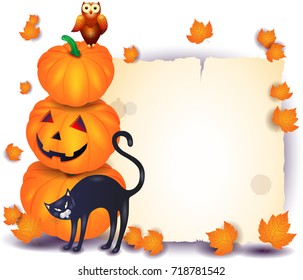 Halloween background with parchment, pumpkin, cat isolated on white. Vector illustration