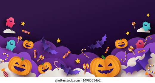 Halloween background for party invitation, greeting card, web banner or Sales with candies in night clouds, cutest pumpkins, bats, ghosts on violet background. Paper cut style, digital craft style