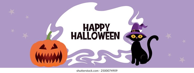 Halloween background for party invitation, greeting card, banner with pumpkin and black cat wearing a witch hat. Design for decoration, ads, greetings, banner, poster, cover, print 