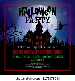 Halloween background party with a witch flying in the night sky