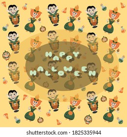 Halloween background  pattern illustration with Dracula and witch on the yellow colours with inscription