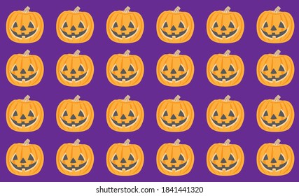 Halloween background with pattern of isolated smiling pumpkins on contrasting background. Colorful design in vector