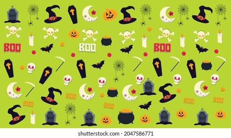 Halloween background pattern with scary decorative elements like skull, spider web, ghost, haunted house, pumpkin, witch hat and tomb stone vector illustrations. 