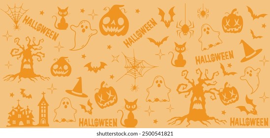 Halloween background. Halloween patterned pumpkin design with spooky characters, pumpkins, ghosts, spooky plants, spiders, cats, bats, ect. Ready to print on fabric and other seamless designs. Gift wr