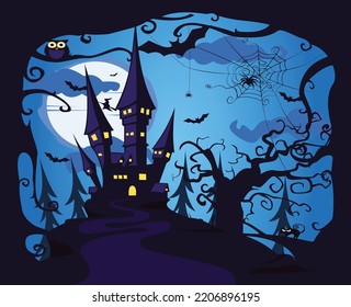 halloween background with pictures of old castle at the edge of cliff, dry tree, spider, owl, cat, witch and bat