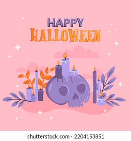  Halloween background. Pink Happy Halloween holiday greeting postcard. Skull, candles and twigs with leaves for your postcard, poster, or stickers