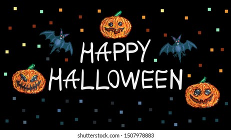 Halloween background with pixel art pumpkins and bats