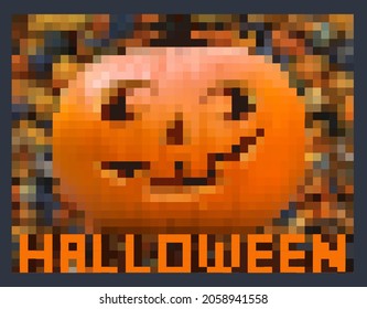 Fondo de Halloween, calabaza divertida en píxeles. Tarjeta de saludo para fiesta y venta. Vacaciones de otoño. Feliz Halloween. Dibujo de vectores de patrones geométricos haloween para presentación, revistas, folletos, banner