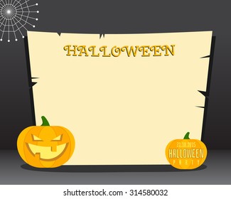 Halloween background with place for text. Happy holiday flyer card, poster. Dark design with pumpkins. web and retro paper. Vector illustration