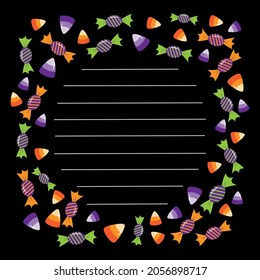 Halloween background. Place for your text. Vector frame with sweets.Trick or treat concept. Creative design for invitation and party. Isloated black background.